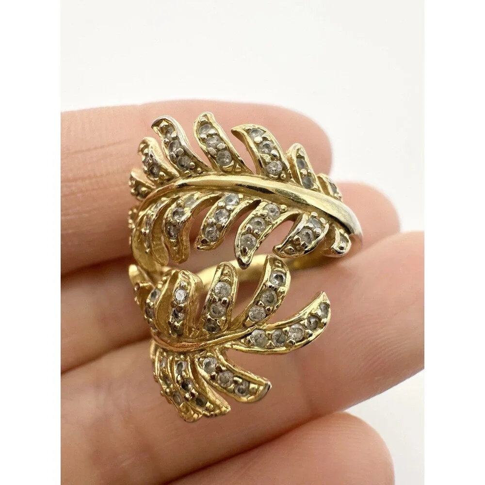 Wrap Around Pave Set Feather Ring Gold Plated Size 6.5